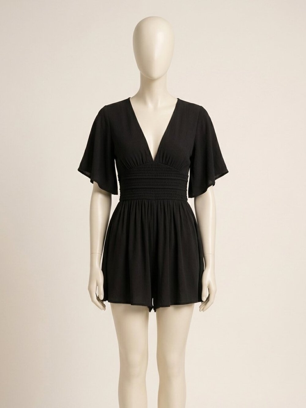 Cider Black Ribbed V Neck Ruched Bell Sleeve Romper Size S Textured Knit